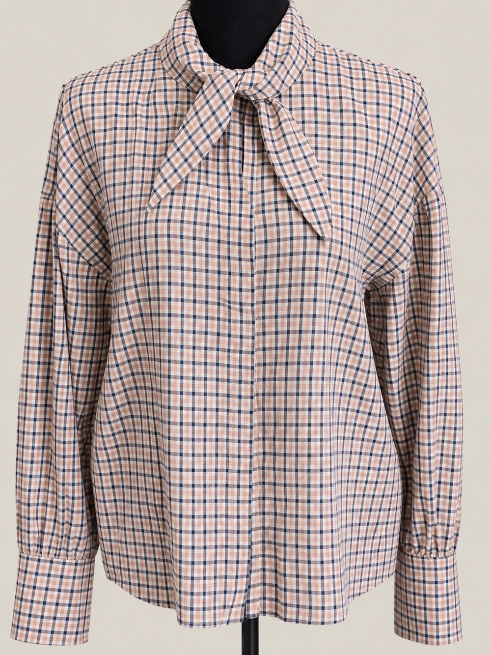 Mango Plaid Tie Neck Blouse Size S Neutral Check Top NWT